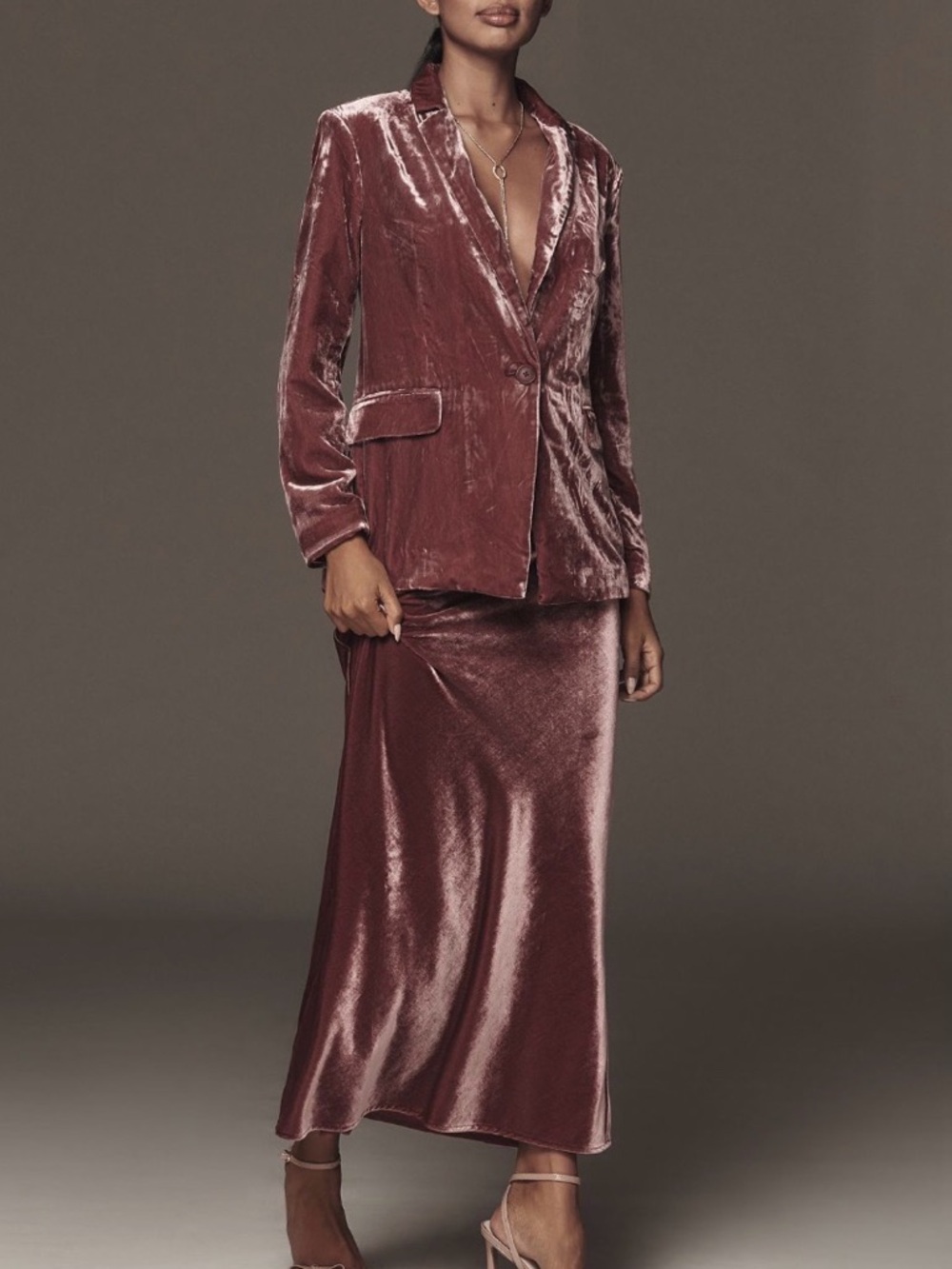 Anthropologie The Tilda Maxi Slip Skirt: Velvet edition in Mauve Rose